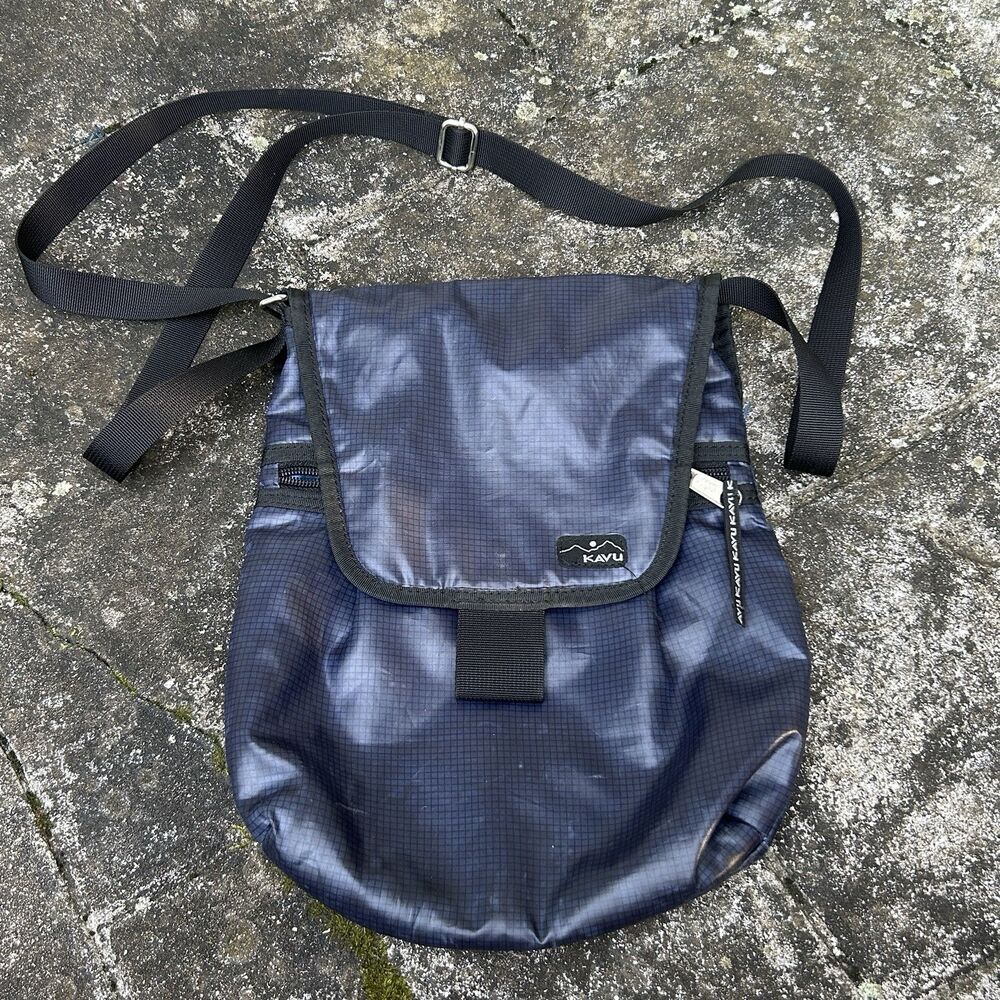 KAVU Crossbody Messenger Purse Bag Navy Grid Ripstop Nylon Flap Hiking outdoor